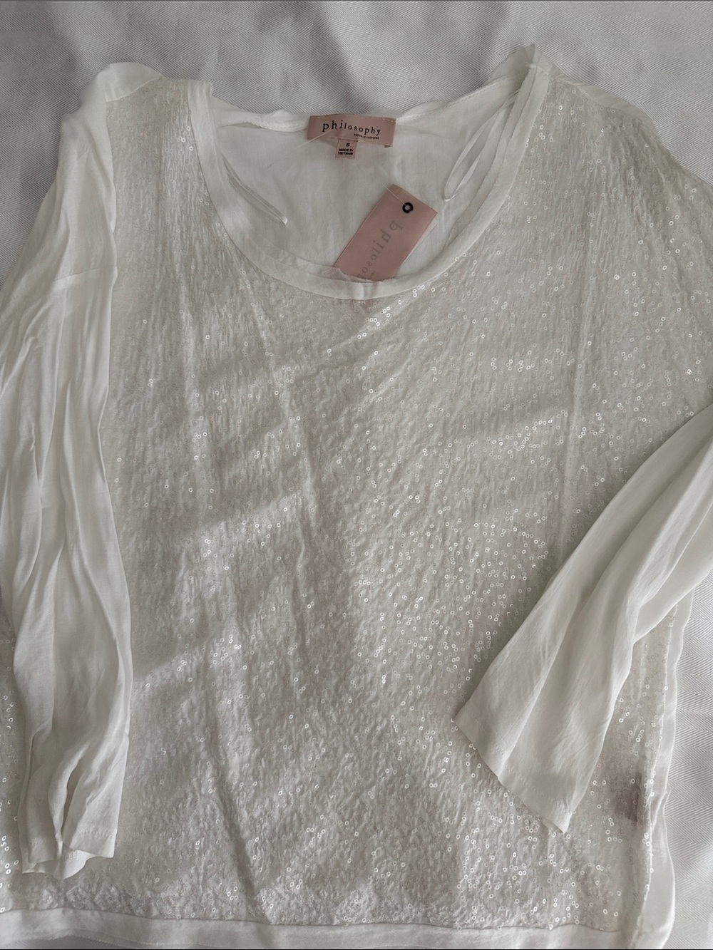 Philosophy White Sequin-Embellished Long Sleeve Top